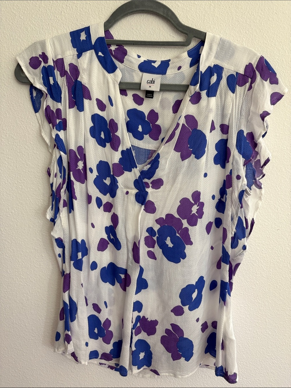 CAbi White Blouse with Blue & Purple Floral Print
